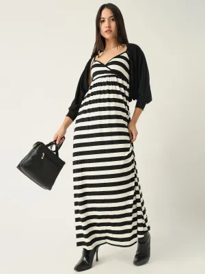 Women's Black Striped Monochrome Gathered Details A-Line Maxi Dress With Shrug Smart Fashion