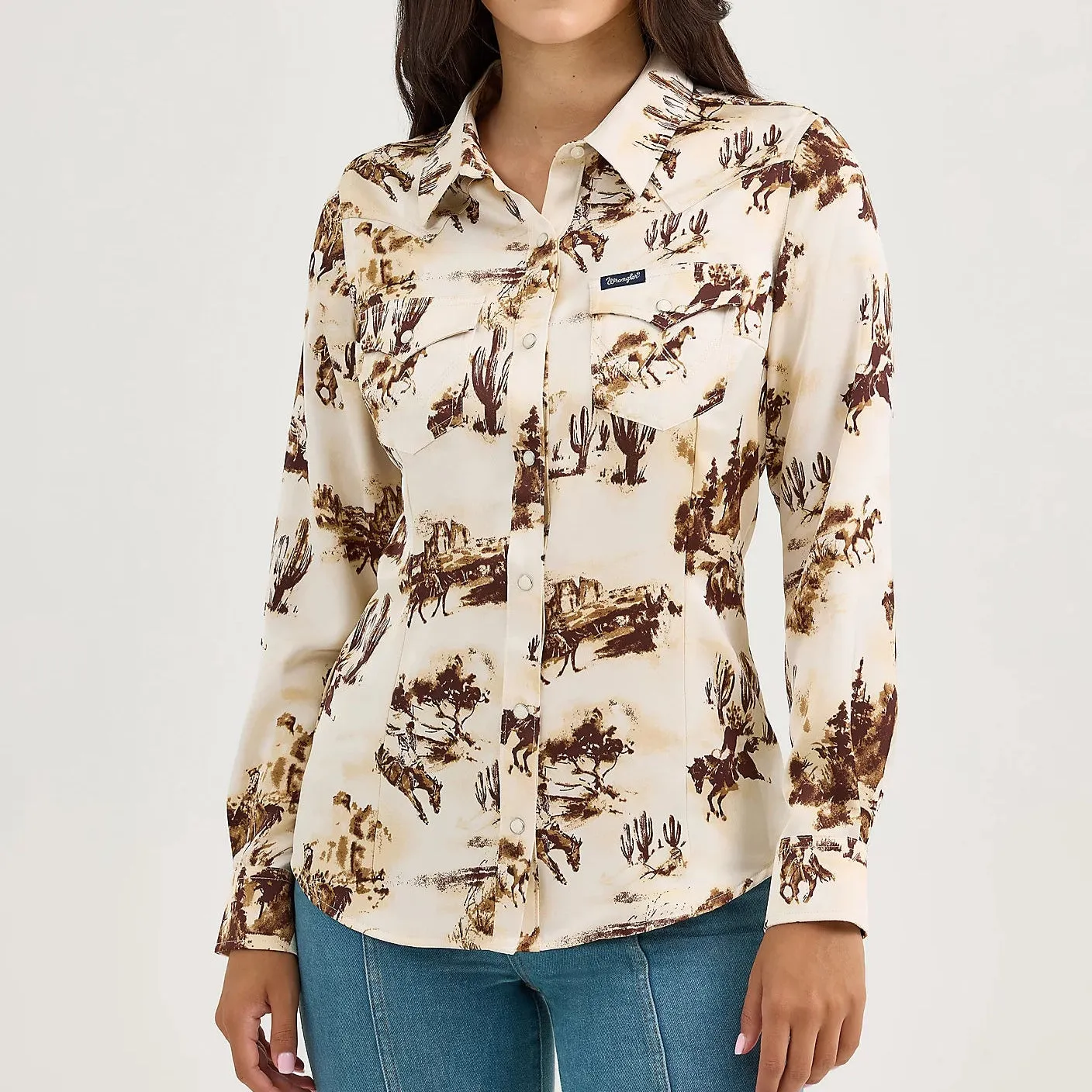 Wrangler Retro Women's Bold Bucking Cowboy Western Snap Shirt in Cacti Cream Chill Comfort Look