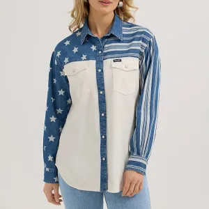 Everyday Comfort Style Layered Comfort Wrangler Retro Women's Boyfriend Pieced Denim Western Snap Shirt in Stars N Stripes
