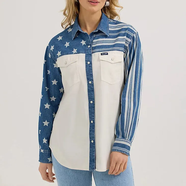 Everyday Comfort Style Layered Comfort Wrangler Retro Women's Boyfriend Pieced Denim Western Snap Shirt in Stars N Stripes