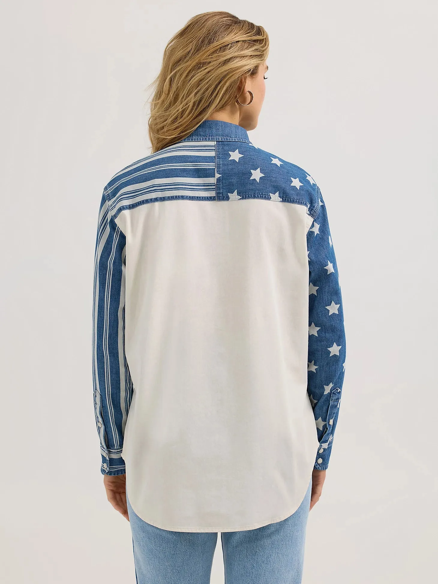 Wrangler Retro Women's Boyfriend Pieced Denim Western Snap Shirt in Stars N Stripes AllSeasonWear Relaxed Fit