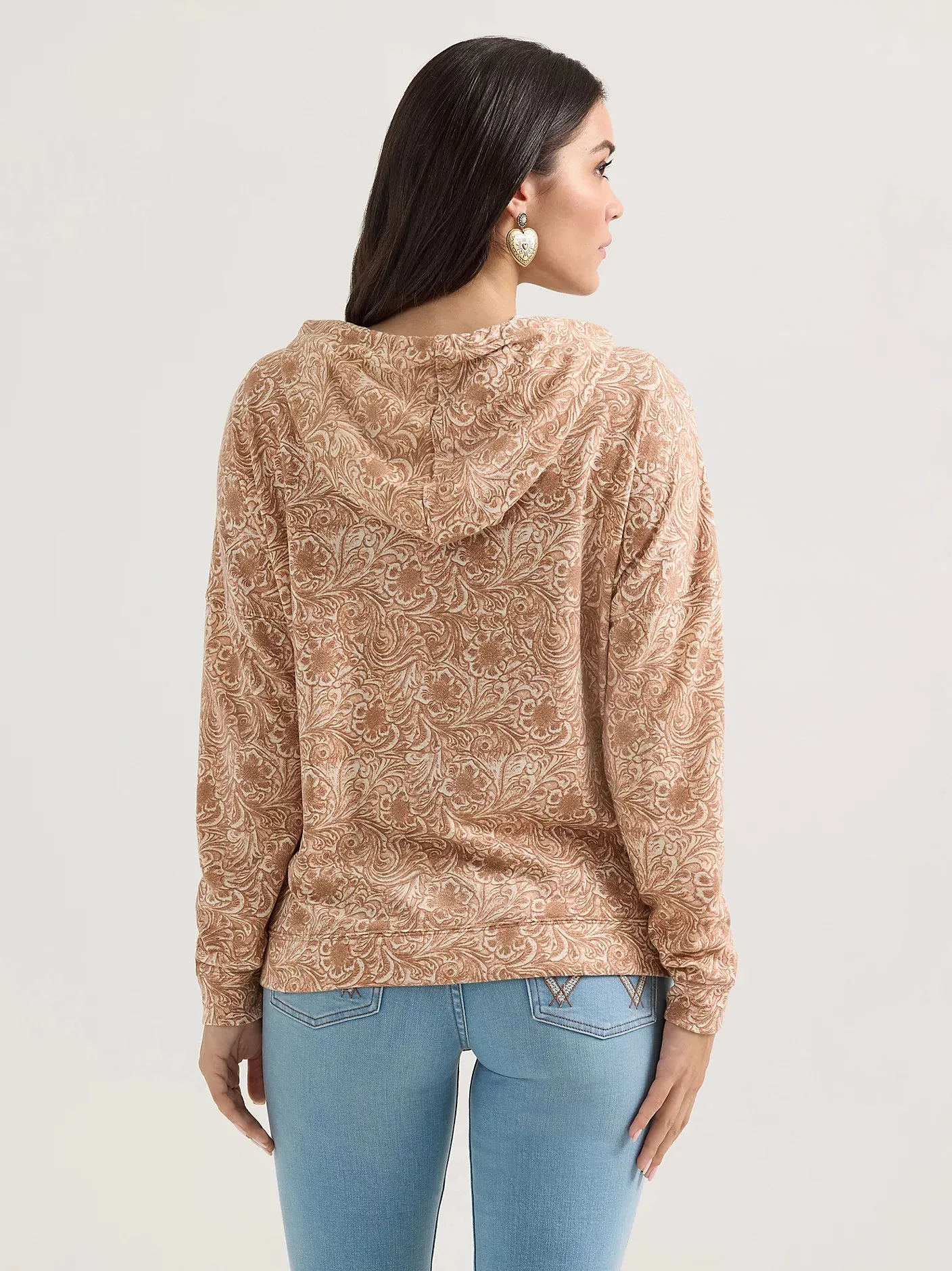 Wrangler Retro Women's Floral Scroll Relaxed Pullover Hoodie in Wavy Tan Practical clothing