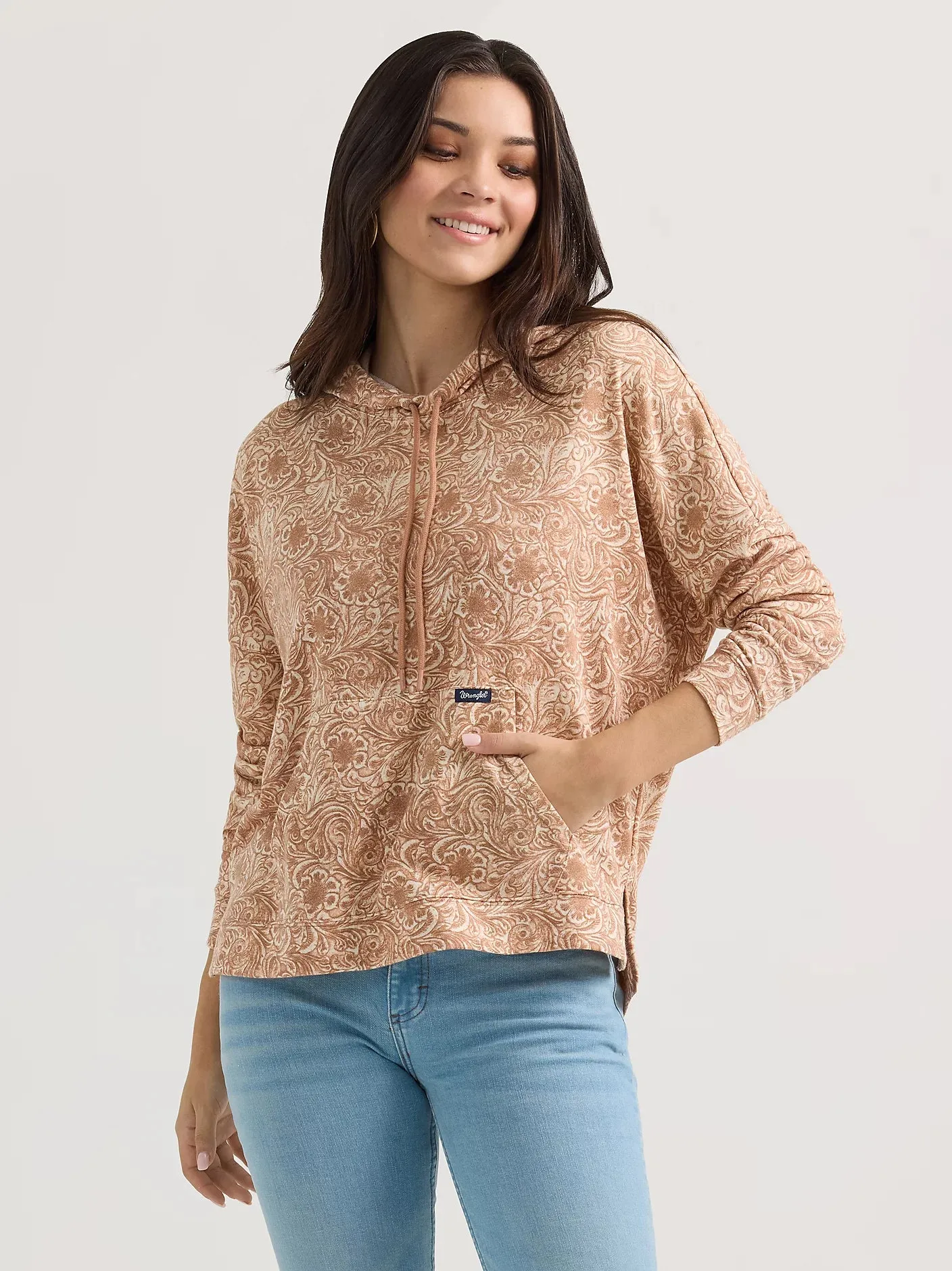 Wrangler Retro Women's Floral Scroll Relaxed Pullover Hoodie in Wavy Tan Comfy Design