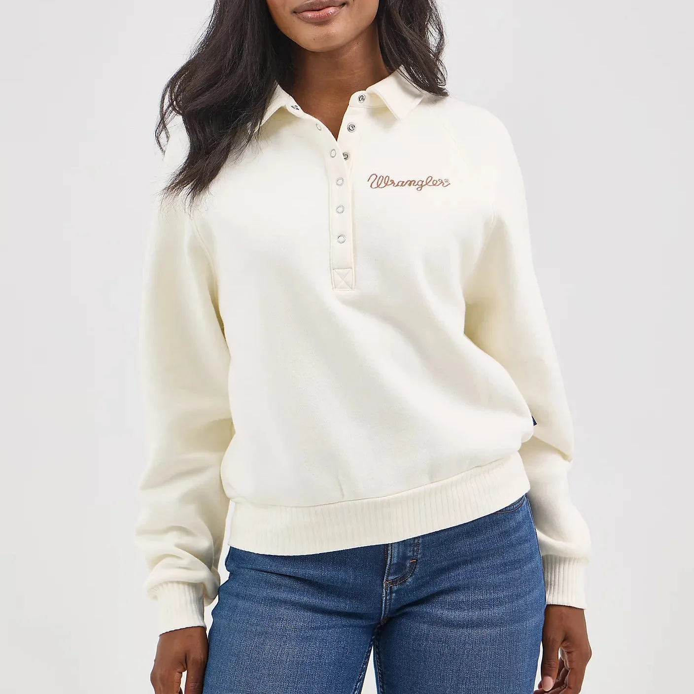 stain resistant coating Wrangler Retro Women's Half-Snap Collared Pullover in Cream