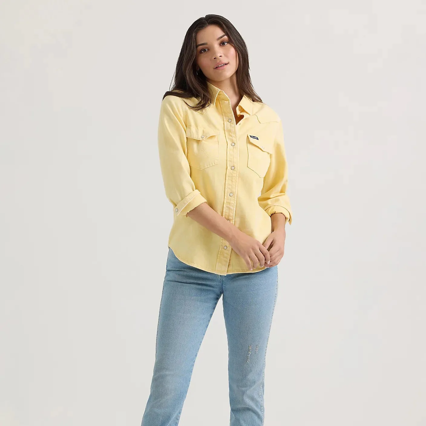 Essential Wear short sleeved Wrangler Retro Women's L/S Colorwash Denim Western Snap Shirt in Yellow
