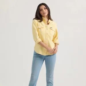 Essential Wear short sleeved Wrangler Retro Women's L/S Colorwash Denim Western Snap Shirt in Yellow