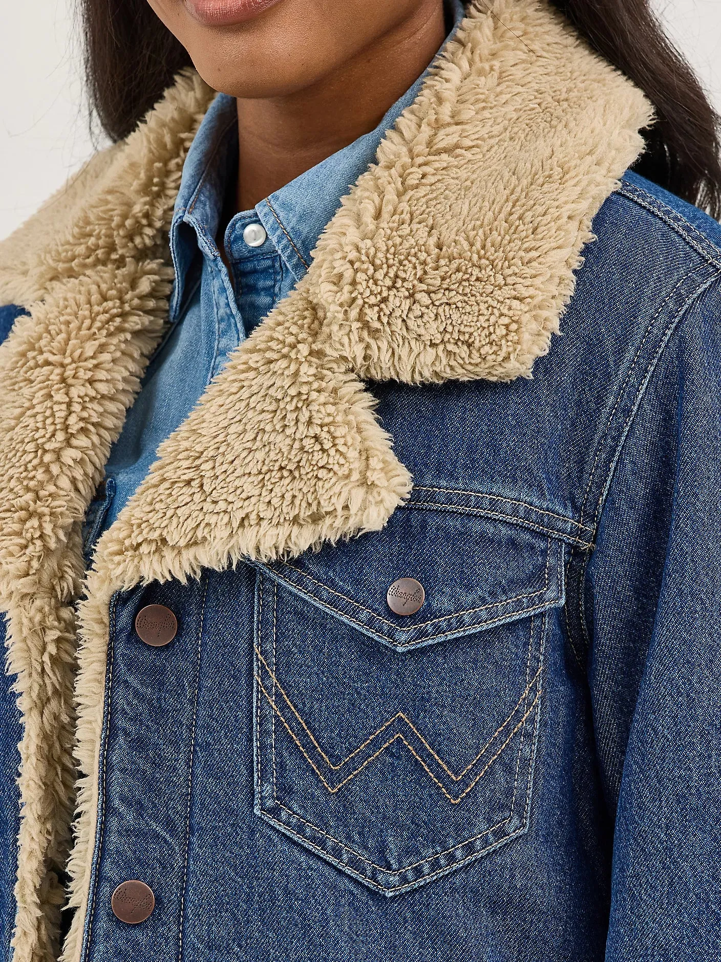 Wrangler Retro Women's Sherpa Lined Denim Range Coat in Ink Denim Active Urban Layer Winter Layering Piece