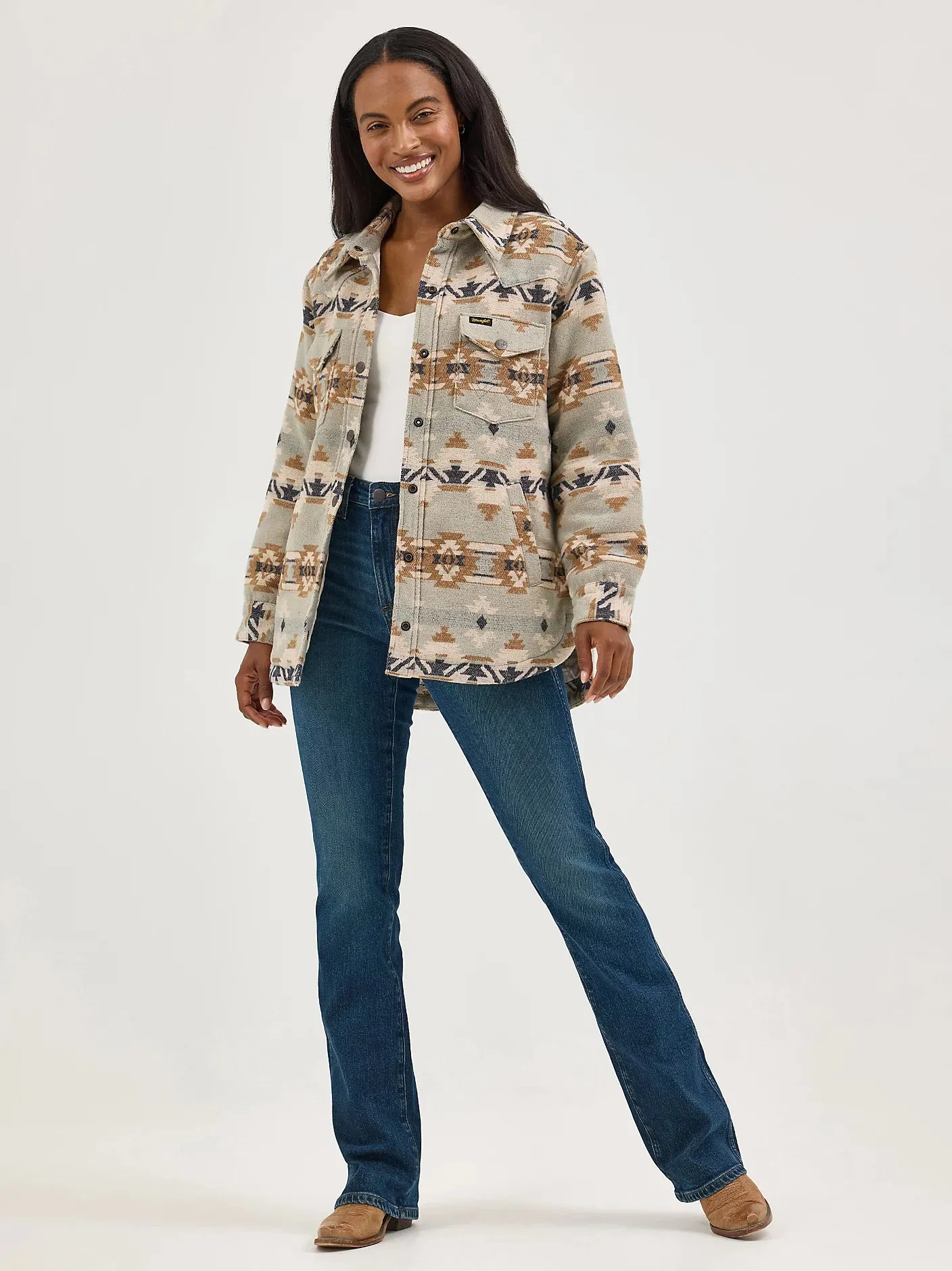 Abrasion resistant Wrangler Women's Quilt Lined Jacquard Shacket in Pale Green