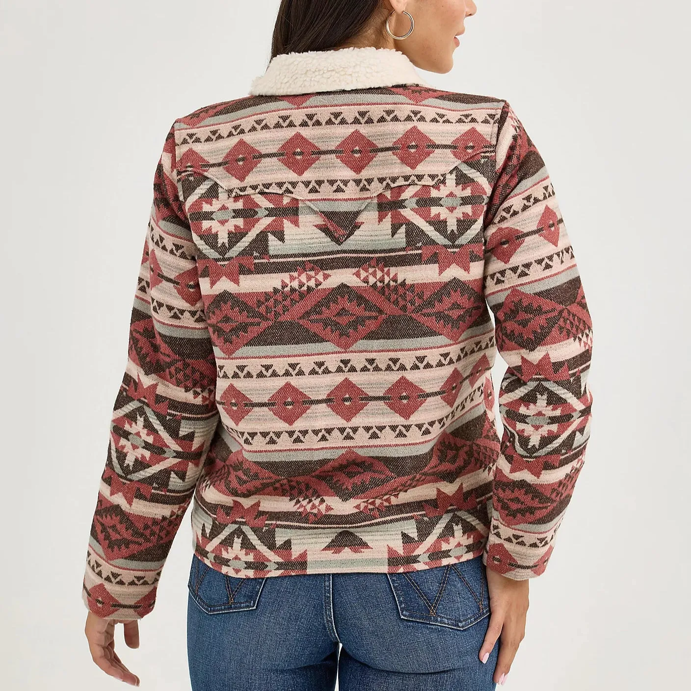 Wrangler Women's Sherpa Lined Jacquard Barn Jacket in Burgundy Reinforced Stitching