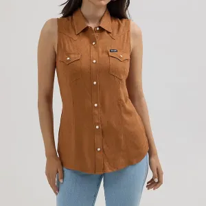 Wrangler Retro Women's Sleeveless Textured Slim Western Snap Shirt in Brown Active Fashion Sustainable production