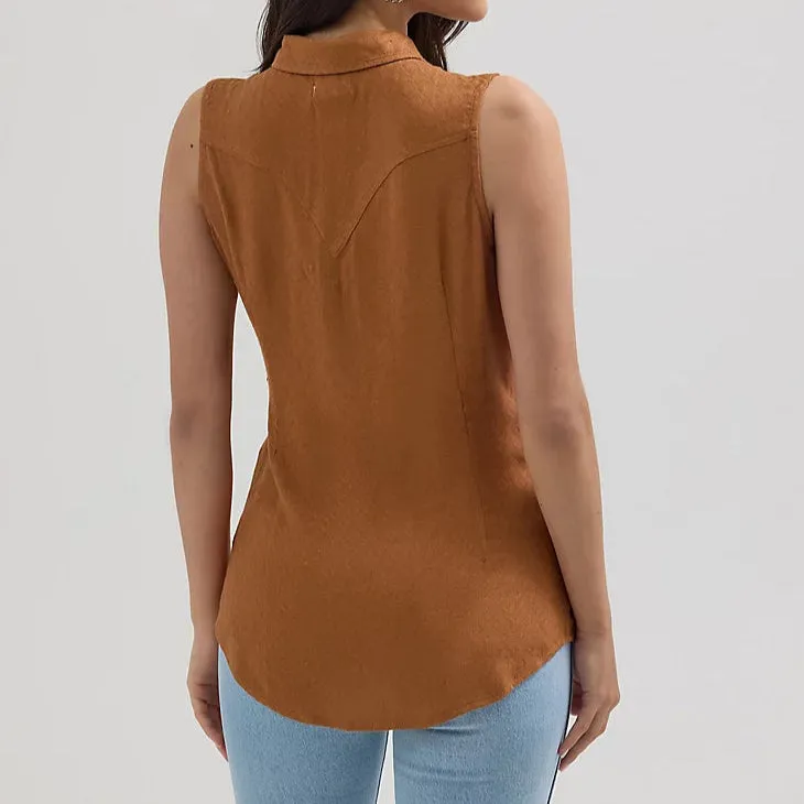Wrangler Retro Women's Sleeveless Textured Slim Western Snap Shirt in Brown Versatile Option Moisture Wicking Fabric