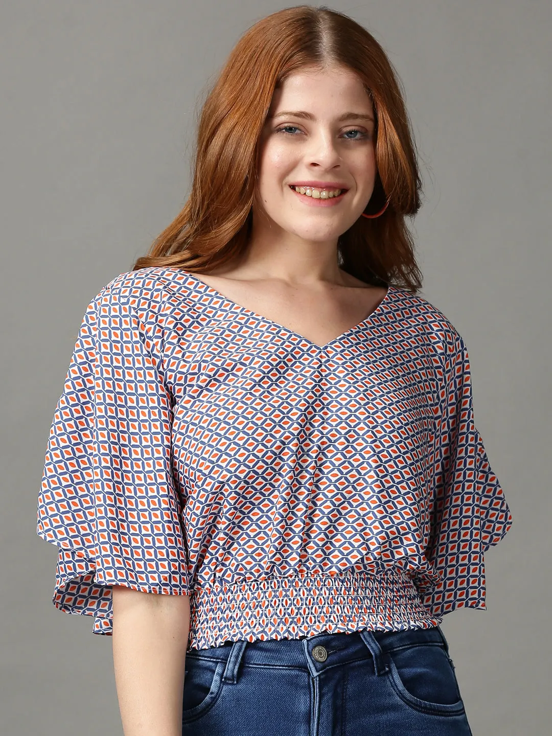 Garment Dyed Technique SustainableManufacturing Women's Multi Geometric Printed V-Neck Top