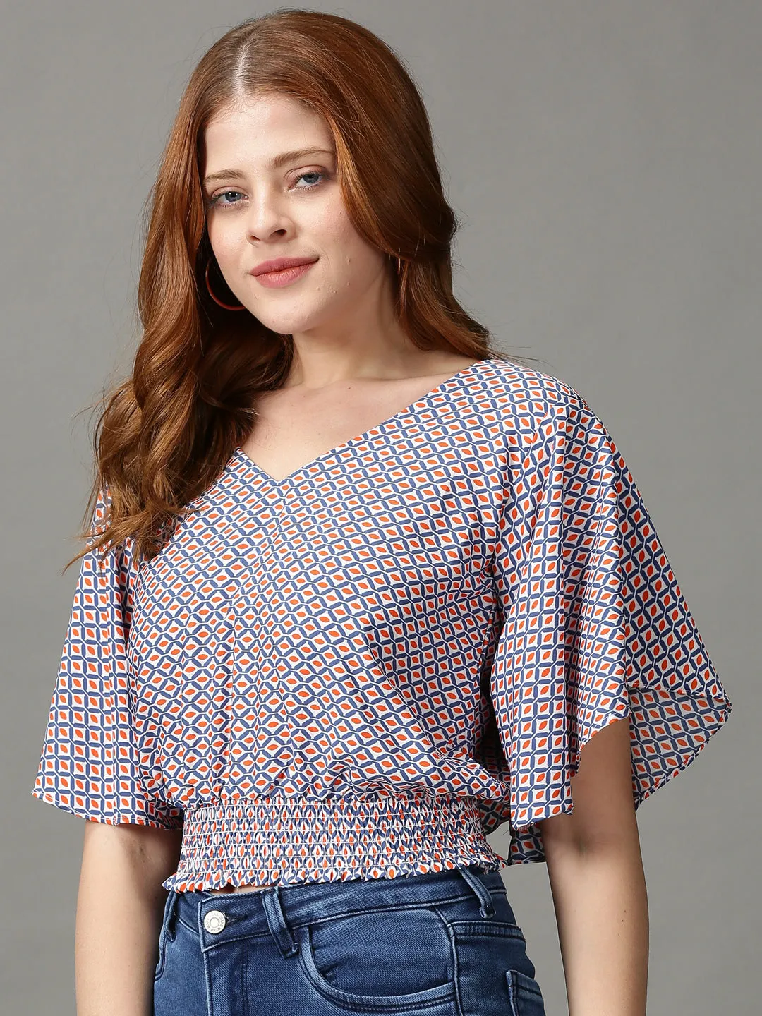 Soft Touch Texture BioBased Fibers Women's Multi Geometric Printed V-Neck Top