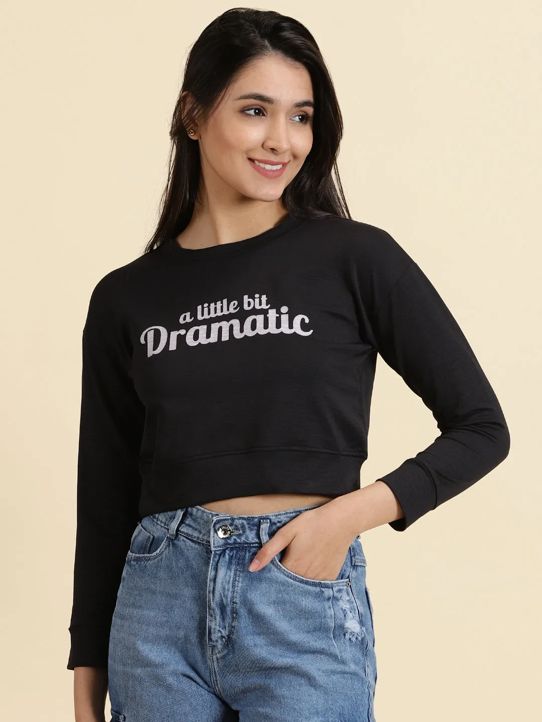 Women's Black Typography Print Crop Top Comfy Stretch Fit