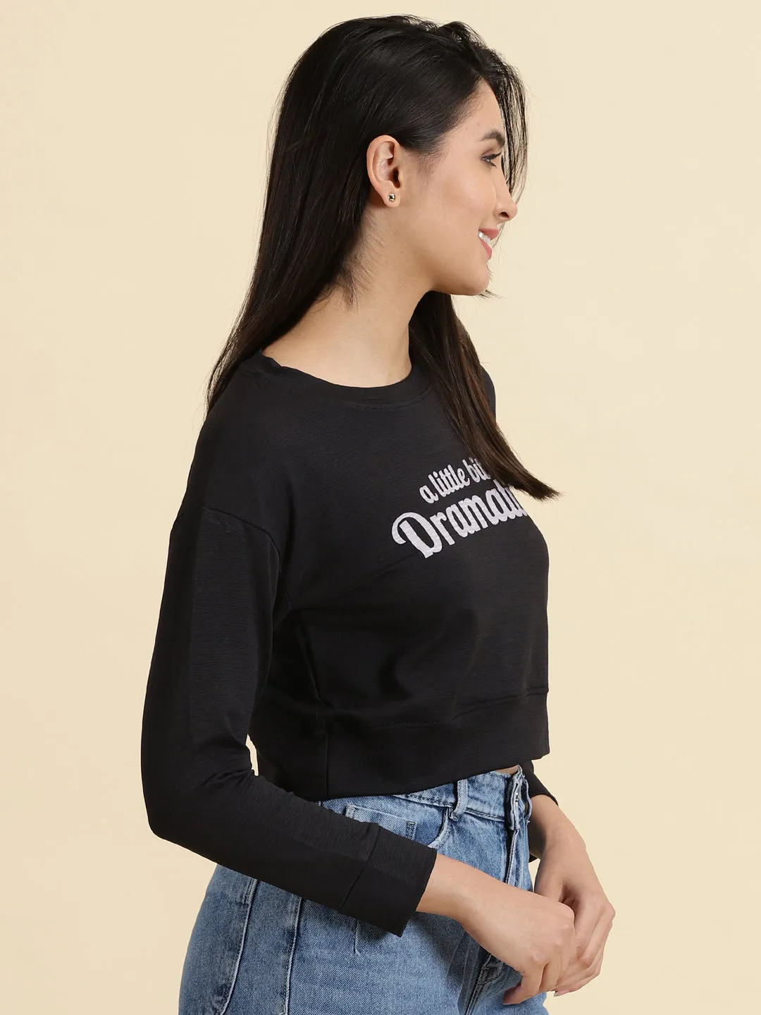Heathered Fabric Smart Design Women's Black Typography Print Crop Top