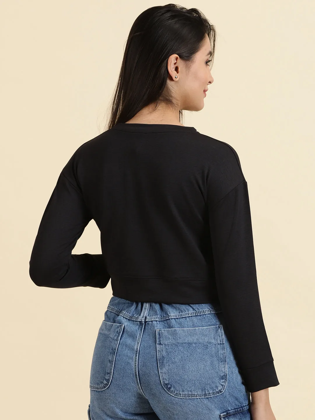 Women's Black Typography Print Crop Top Easy Style Wear