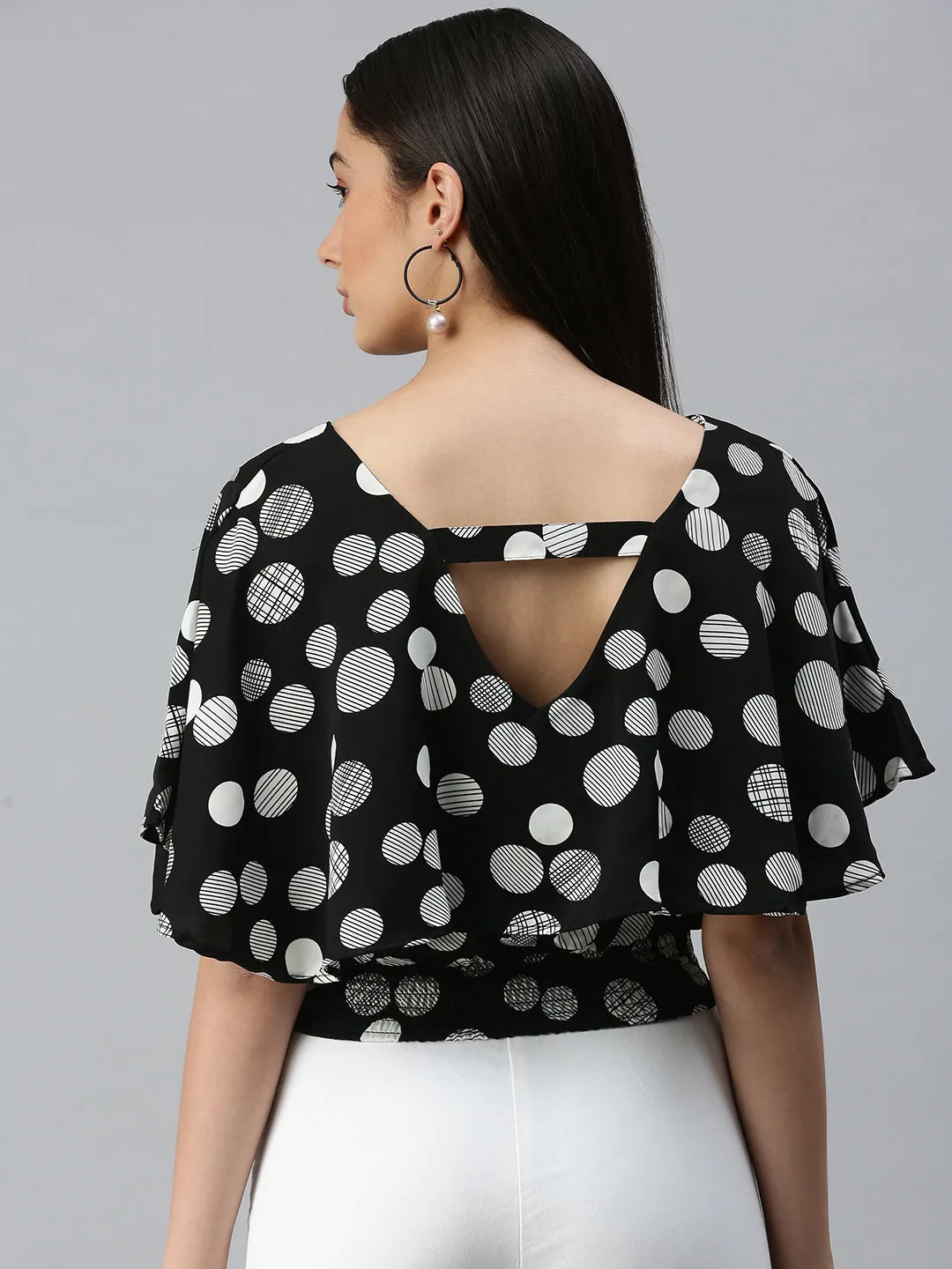 Quick Comfort Fit Women's Black Print Crepe Styled Back Top