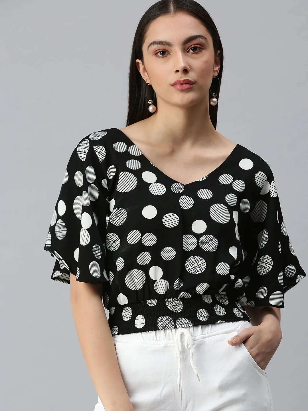 Formal Style polo neck Women's Black Print Crepe Styled Back Top