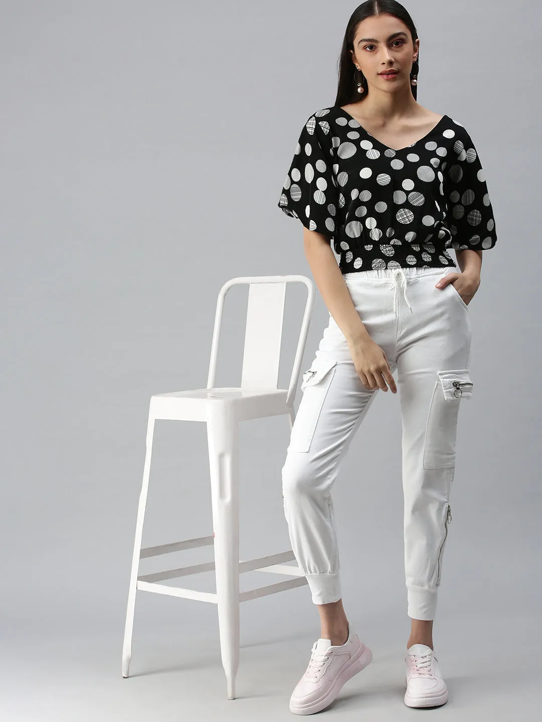 Garment Washed Texture Women's Black Print Crepe Styled Back Top