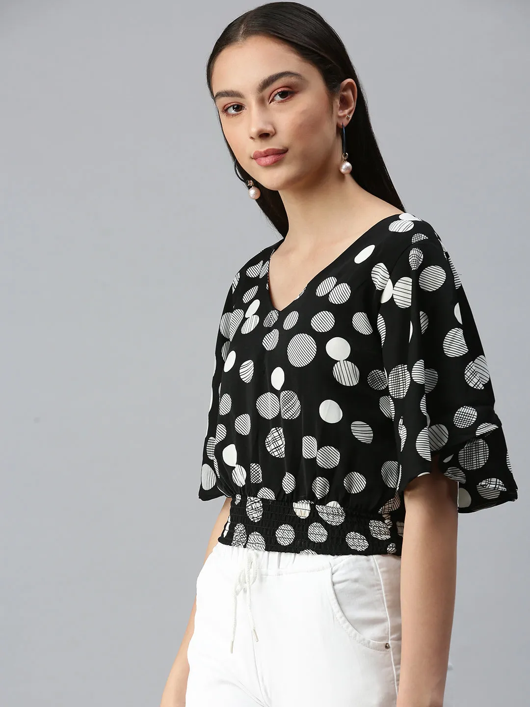 Minimal Comfort Women's Black Print Crepe Styled Back Top