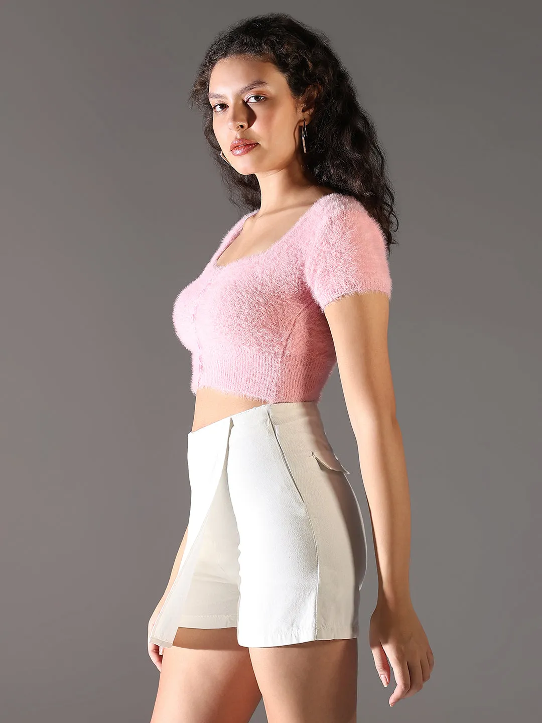 Women's Pink Square Neck Fringed Crop Top Stylish Wearable Weekend Comfort Wear