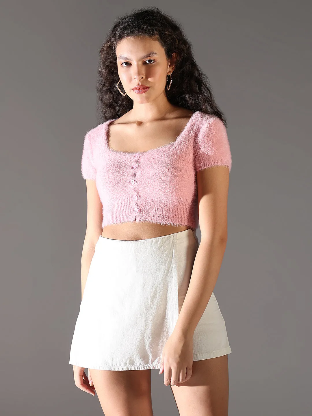 Anti-bacterial LightweightBlend Women's Pink Square Neck Fringed Crop Top