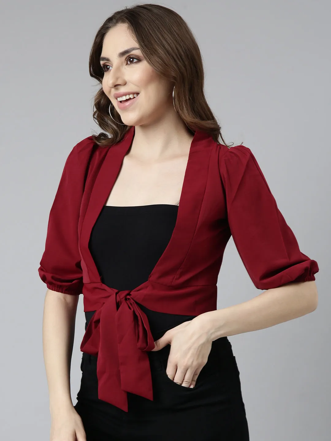 LightweightBlend Women's Maroon Puff Sleeves Blouson Crop Top