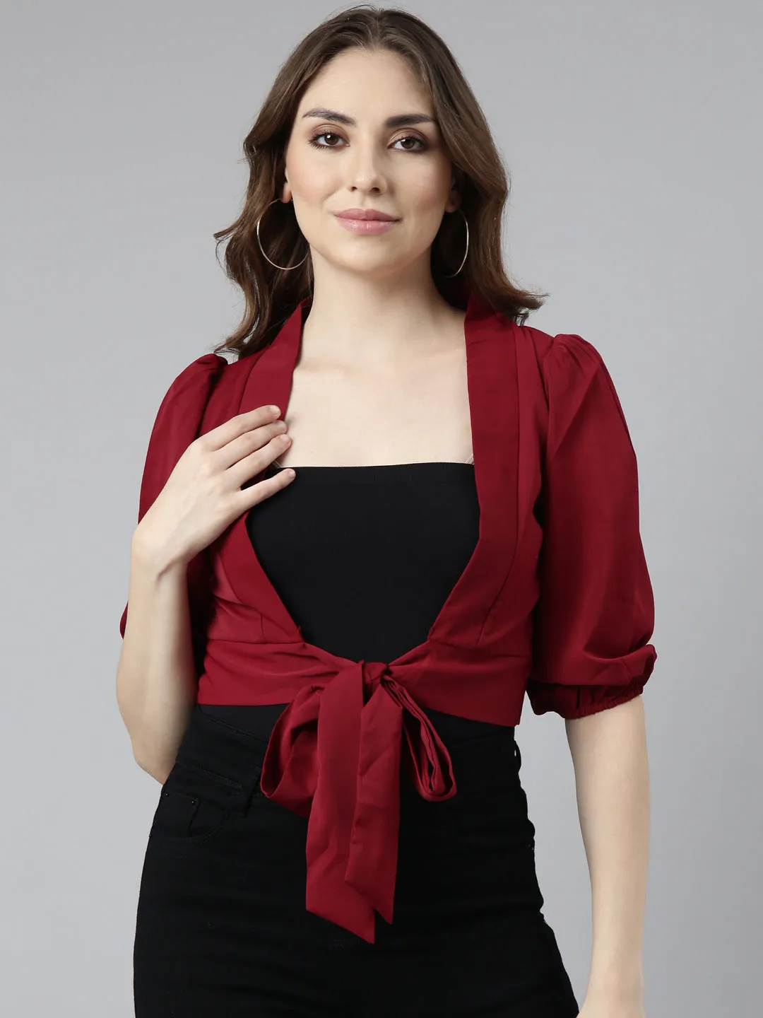 Classic Smart Breathable Comfort Design Women's Maroon Puff Sleeves Blouson Crop Top