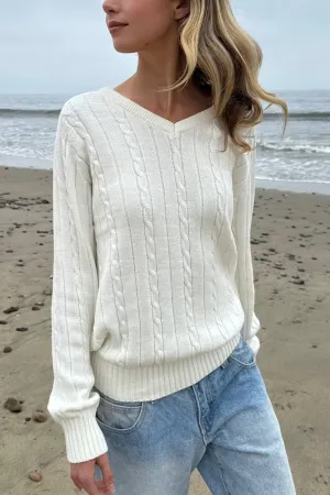 Ida Cotton Cable Knit V-Neck Sweater Fall Fashion