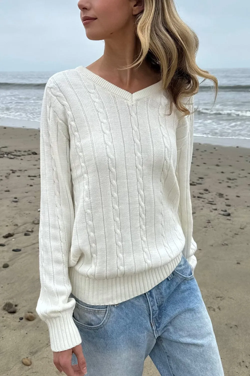 Ida Cotton Cable Knit V-Neck Sweater Fall Fashion